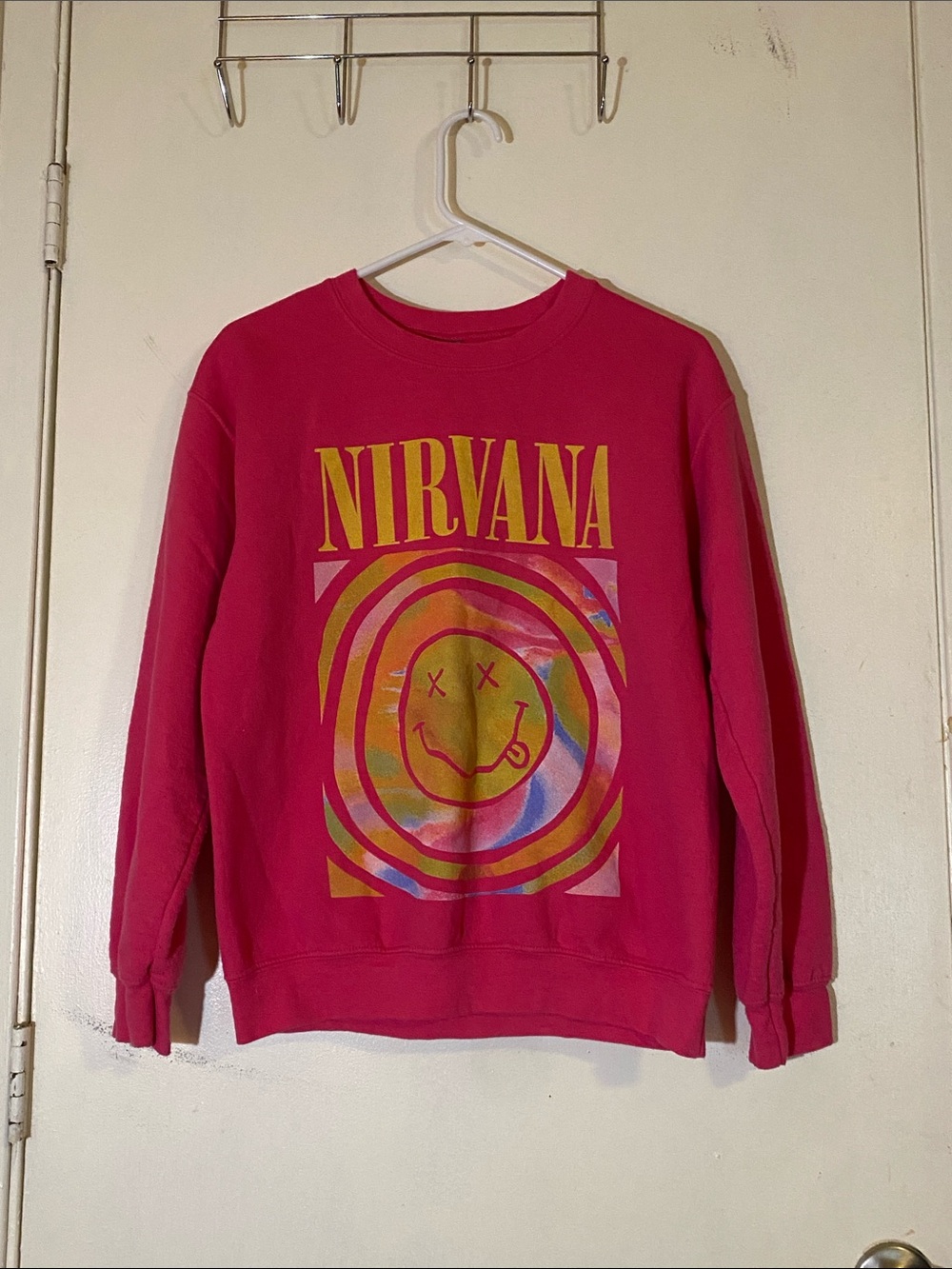 NIRVANA Pink Crewneck Sweatshirt with Yellow Graphic